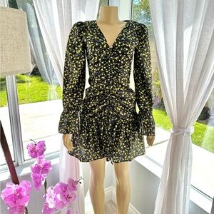 Lena Black Floral Mini Dress Yellow Flowers Size S Small Puff Sleeve Ruched